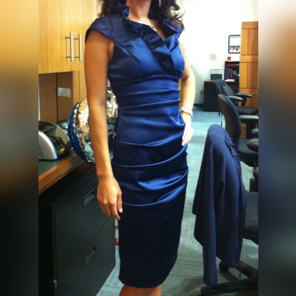 Xscape Navy Sleeveless Ruched Satin Dress Size 4